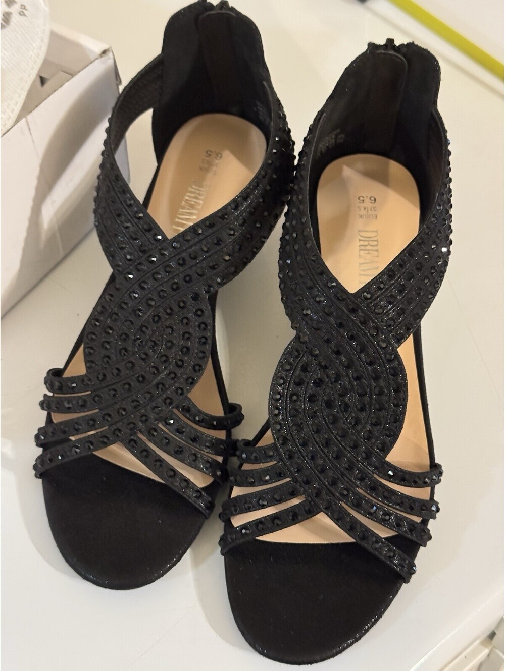 DREAM PAIRS WEITZ Black Rhinestone Strappy Low Wedge Sandals Women 6.5 New - Picture 2 of 7